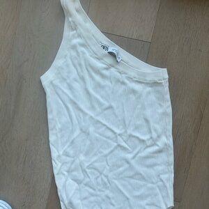 Zara White One-Shoulder Ribbed Top